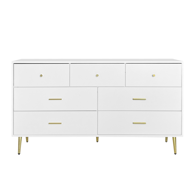 Buffet Blanc Élégant avec 7 Tiroirs, Poignées et Pieds Dorés, et Protection du Sol (140x35x76cm) STESQEKS