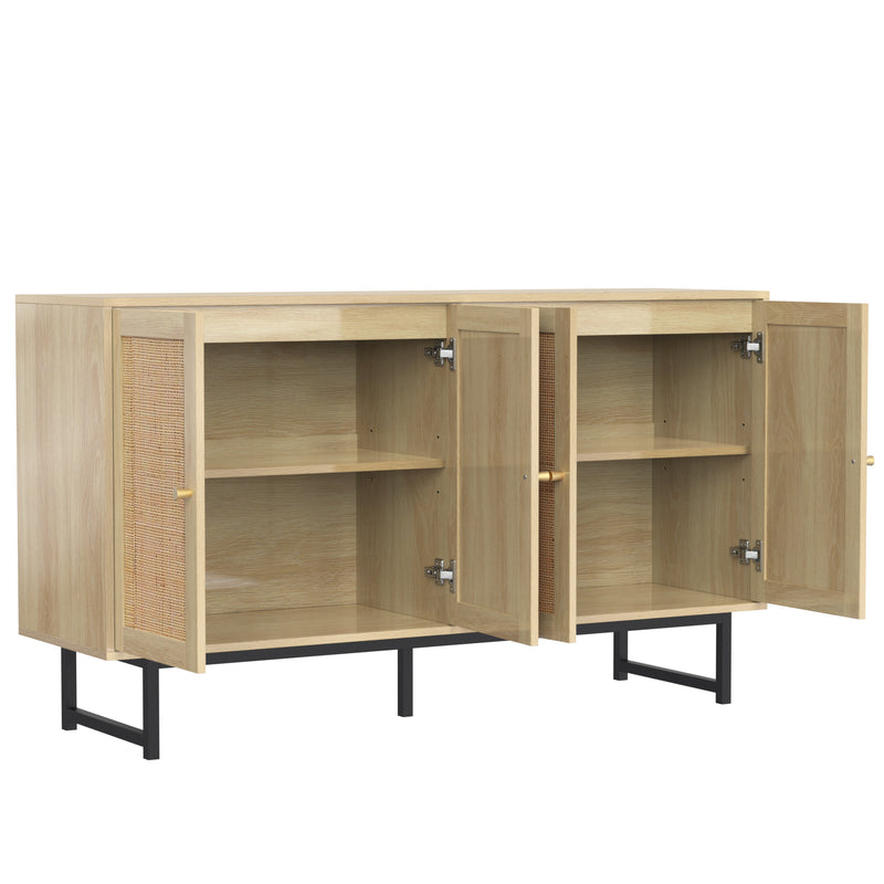 Buffet Élégant en Bois avec Portes en Rotin Véritable et Poignées Dorées STIQNOID