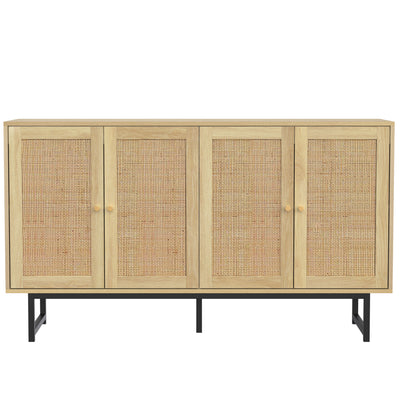 Buffet Élégant en Bois avec Portes en Rotin Véritable et Poignées Dorées STIQNOID