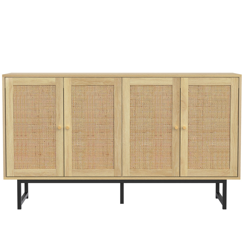 Buffet Élégant en Bois avec Portes en Rotin Véritable et Poignées Dorées STIQNOID