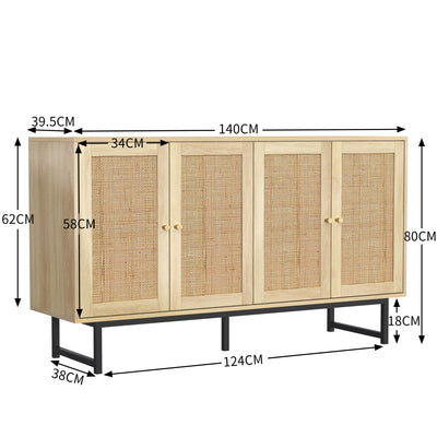 Buffet Élégant en Bois avec Portes en Rotin Véritable et Poignées Dorées STIQNOID