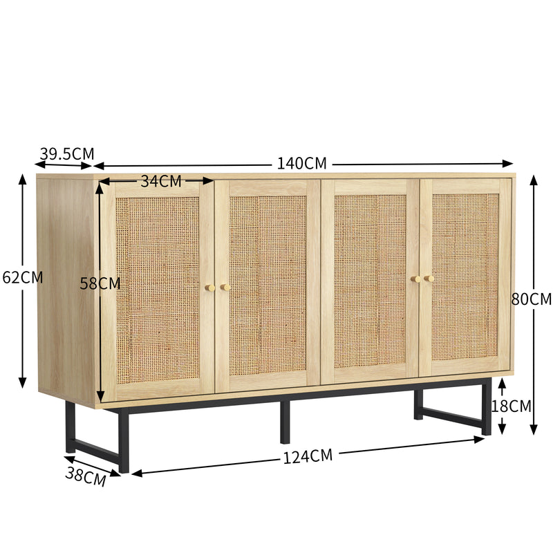 Buffet Élégant en Bois avec Portes en Rotin Véritable et Poignées Dorées STIQNOID