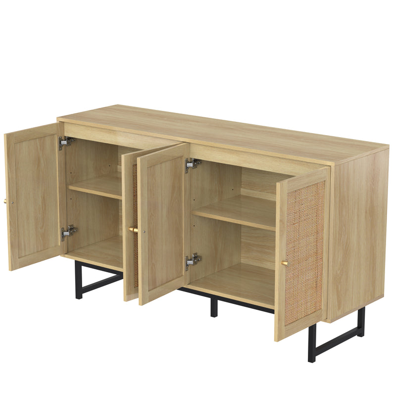 Buffet Élégant en Bois avec Portes en Rotin Véritable et Poignées Dorées STIQNOID