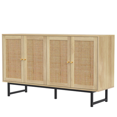 Buffet Élégant en Bois avec Portes en Rotin Véritable et Poignées Dorées STIQNOID