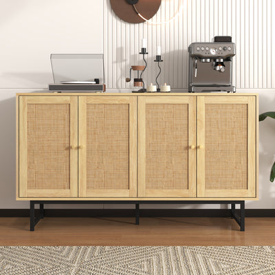 Buffet Élégant en Bois avec Portes en Rotin Véritable et Poignées Dorées STIQNOID