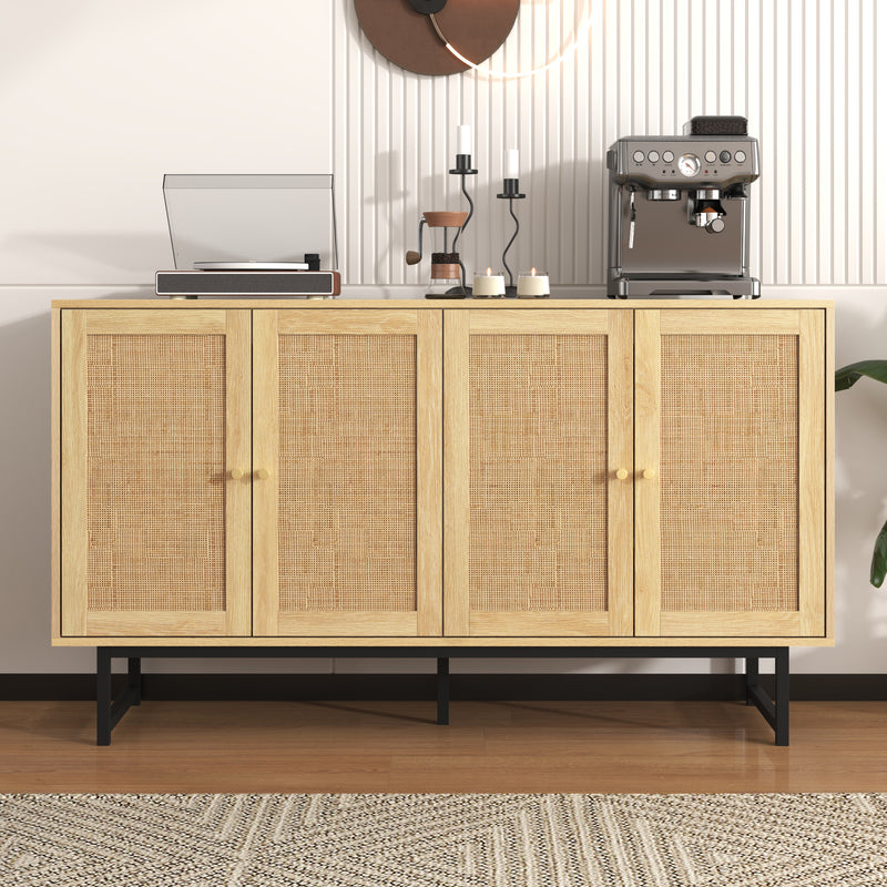 Buffet Élégant en Bois avec Portes en Rotin Véritable et Poignées Dorées STIQNOID