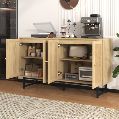 Buffet Élégant en Bois avec Portes en Rotin Véritable et Poignées Dorées STIQNOID