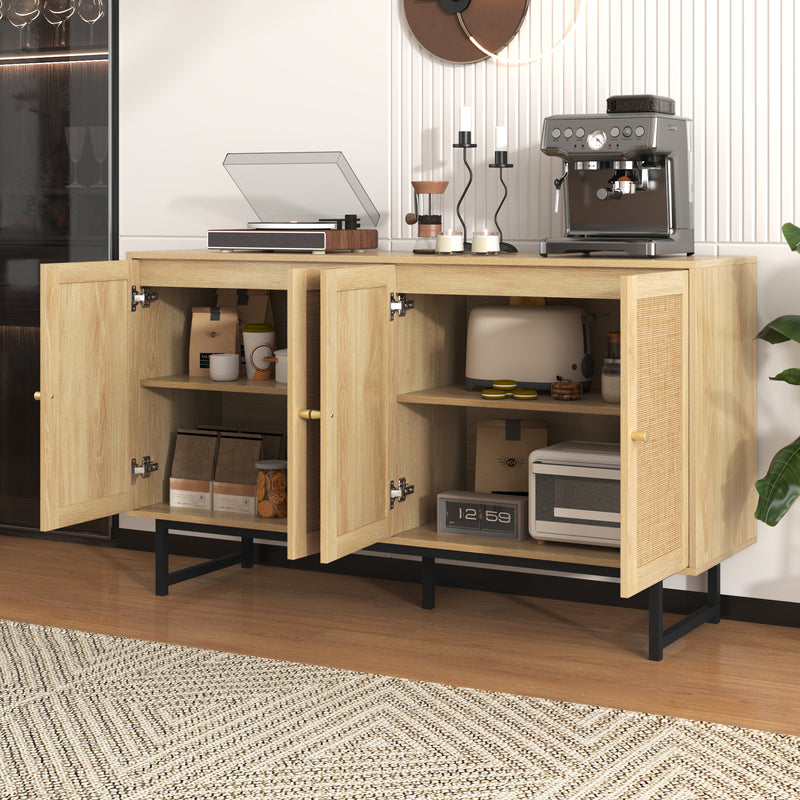 Buffet Élégant en Bois avec Portes en Rotin Véritable et Poignées Dorées STIQNOID