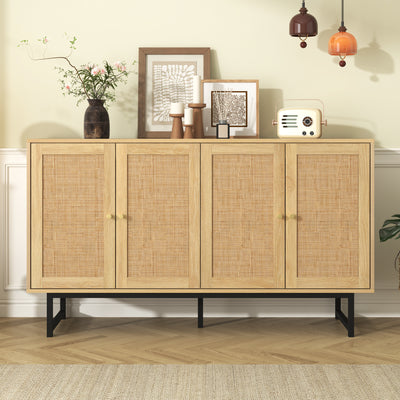 Buffet Élégant en Bois avec Portes en Rotin Véritable et Poignées Dorées STIQNOID