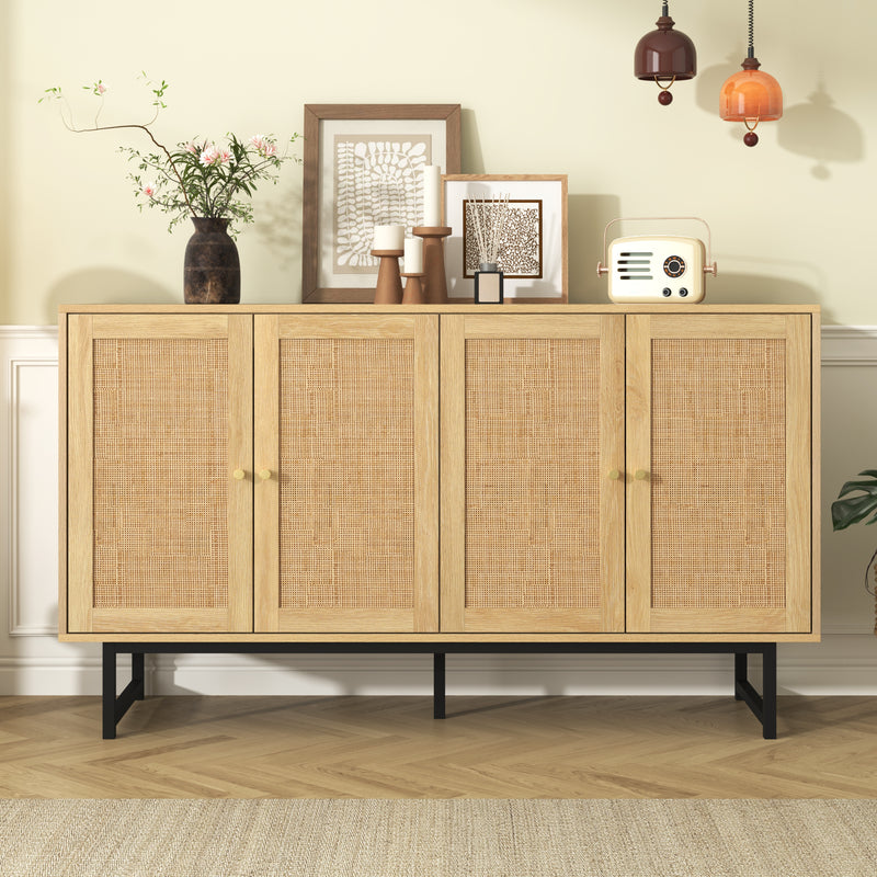 Buffet Élégant en Bois avec Portes en Rotin Véritable et Poignées Dorées STIQNOID