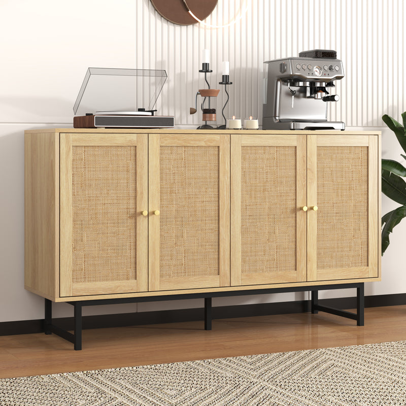 Buffet Élégant en Bois avec Portes en Rotin Véritable et Poignées Dorées STIQNOID