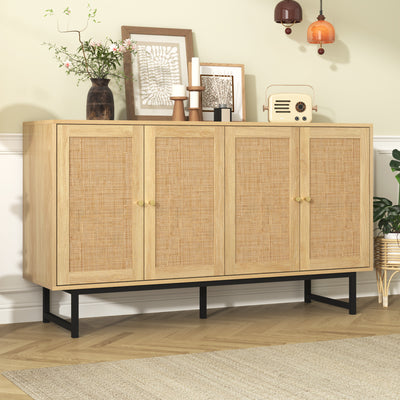 Buffet Élégant en Bois avec Portes en Rotin Véritable et Poignées Dorées STIQNOID