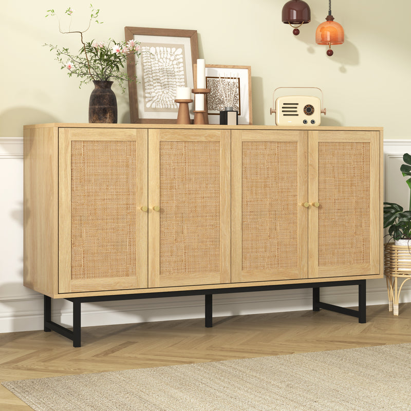 Buffet Élégant en Bois avec Portes en Rotin Véritable et Poignées Dorées STIQNOID