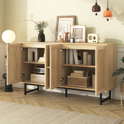 Buffet Élégant en Bois avec Portes en Rotin Véritable et Poignées Dorées STIQNOID