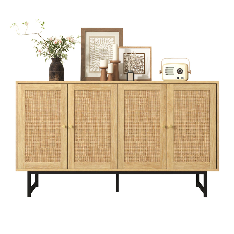 Buffet Élégant en Bois avec Portes en Rotin Véritable et Poignées Dorées STIQNOID