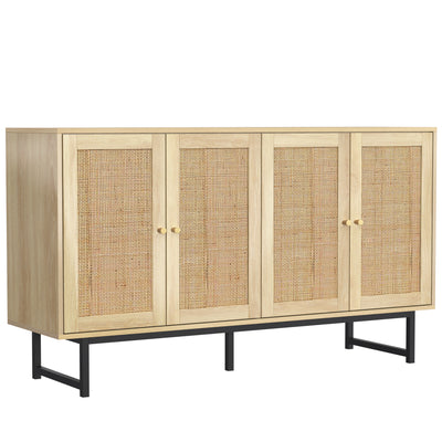 Buffet Élégant en Bois avec Portes en Rotin Véritable et Poignées Dorées STIQNOID