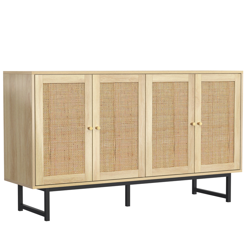 Buffet Élégant en Bois avec Portes en Rotin Véritable et Poignées Dorées STIQNOID