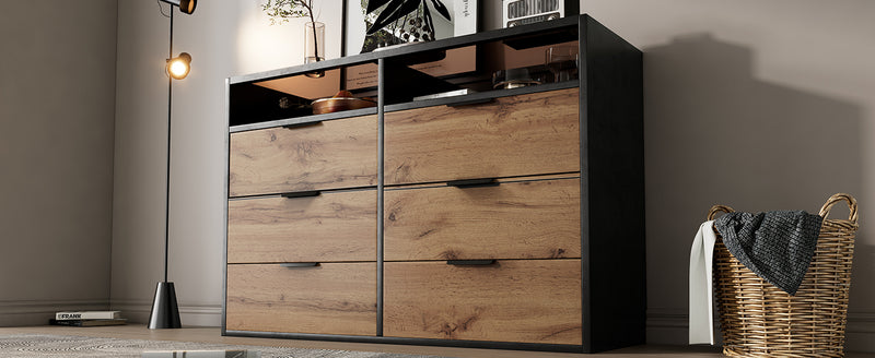 Commode / Buffet Moderne Chêne avec 6 Tiroirs et Surfaces Ouvertes, Plateau en Verre Trempé et Sécurité Anti-Basculement (120x40x80cm) STOKVANS