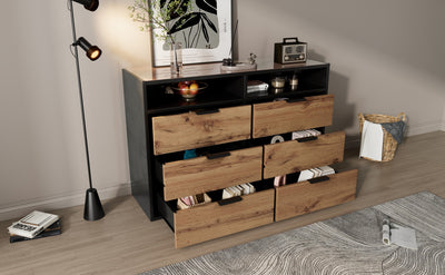 Commode / Buffet Moderne Chêne avec 6 Tiroirs et Surfaces Ouvertes, Plateau en Verre Trempé et Sécurité Anti-Basculement (120x40x80cm) STOKVANS