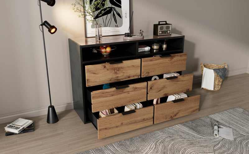 Commode / Buffet Moderne Chêne avec 6 Tiroirs et Surfaces Ouvertes, Plateau en Verre Trempé et Sécurité Anti-Basculement (120x40x80cm) STOKVANS
