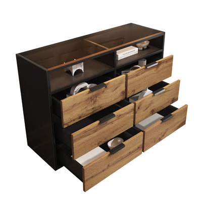 Commode / Buffet Moderne Chêne avec 6 Tiroirs et Surfaces Ouvertes, Plateau en Verre Trempé et Sécurité Anti-Basculement (120x40x80cm) STOKVANS