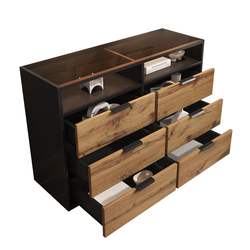 Commode / Buffet Moderne Chêne avec 6 Tiroirs et Surfaces Ouvertes, Plateau en Verre Trempé et Sécurité Anti-Basculement (120x40x80cm) STOKVANS