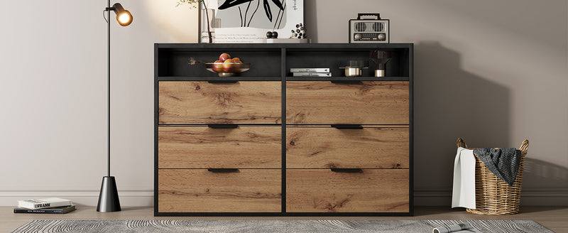 Commode / Buffet Moderne Chêne avec 6 Tiroirs et Surfaces Ouvertes, Plateau en Verre Trempé et Sécurité Anti-Basculement (120x40x80cm) STOKVANS
