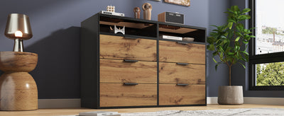 Commode / Buffet Moderne Chêne avec 6 Tiroirs et Surfaces Ouvertes, Plateau en Verre Trempé et Sécurité Anti-Basculement (120x40x80cm) STOKVANS