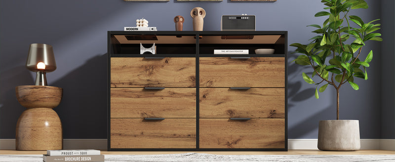 Commode / Buffet Moderne Chêne avec 6 Tiroirs et Surfaces Ouvertes, Plateau en Verre Trempé et Sécurité Anti-Basculement (120x40x80cm) STOKVANS