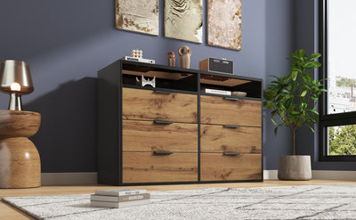 Commode / Buffet Moderne Chêne avec 6 Tiroirs et Surfaces Ouvertes, Plateau en Verre Trempé et Sécurité Anti-Basculement (120x40x80cm) STOKVANS