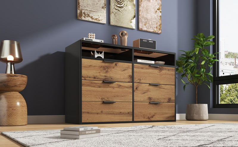 Commode / Buffet Moderne Chêne avec 6 Tiroirs et Surfaces Ouvertes, Plateau en Verre Trempé et Sécurité Anti-Basculement (120x40x80cm) STOKVANS