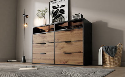 Commode / Buffet Moderne Chêne avec 6 Tiroirs et Surfaces Ouvertes, Plateau en Verre Trempé et Sécurité Anti-Basculement (120x40x80cm) STOKVANS