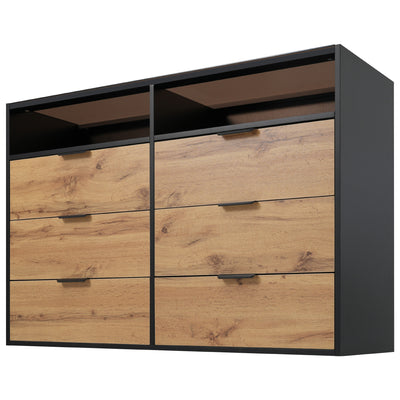 Commode / Buffet Moderne Chêne avec 6 Tiroirs et Surfaces Ouvertes, Plateau en Verre Trempé et Sécurité Anti-Basculement (120x40x80cm) STOKVANS