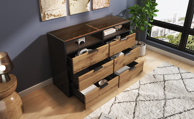 Commode / Buffet Moderne Chêne avec 6 Tiroirs et Surfaces Ouvertes, Plateau en Verre Trempé et Sécurité Anti-Basculement (120x40x80cm) STOKVANS