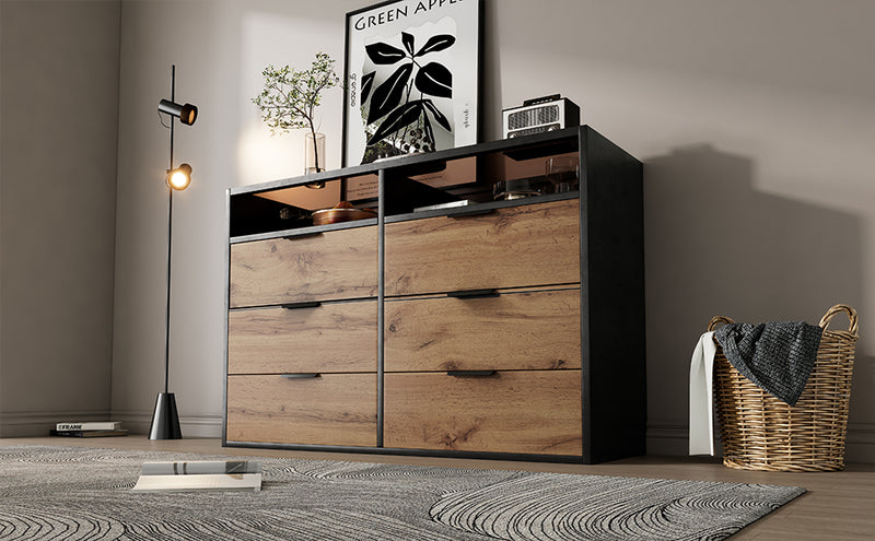 Commode / Buffet Moderne Chêne avec 6 Tiroirs et Surfaces Ouvertes, Plateau en Verre Trempé et Sécurité Anti-Basculement (120x40x80cm) STOKVANS