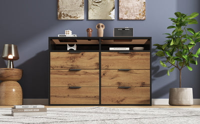 Commode / Buffet Moderne Chêne avec 6 Tiroirs et Surfaces Ouvertes, Plateau en Verre Trempé et Sécurité Anti-Basculement (120x40x80cm) STOKVANS