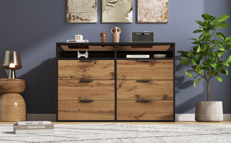 Commode / Buffet Moderne Chêne avec 6 Tiroirs et Surfaces Ouvertes, Plateau en Verre Trempé et Sécurité Anti-Basculement (120x40x80cm) STOKVANS