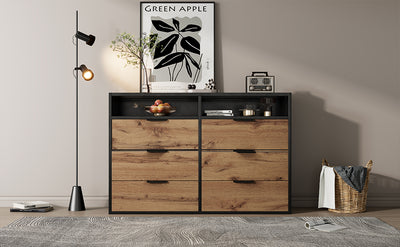Commode / Buffet Moderne Chêne avec 6 Tiroirs et Surfaces Ouvertes, Plateau en Verre Trempé et Sécurité Anti-Basculement (120x40x80cm) STOKVANS