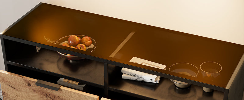 Commode / Buffet Moderne Chêne avec 6 Tiroirs et Surfaces Ouvertes, Plateau en Verre Trempé et Sécurité Anti-Basculement (120x40x80cm) STOKVANS