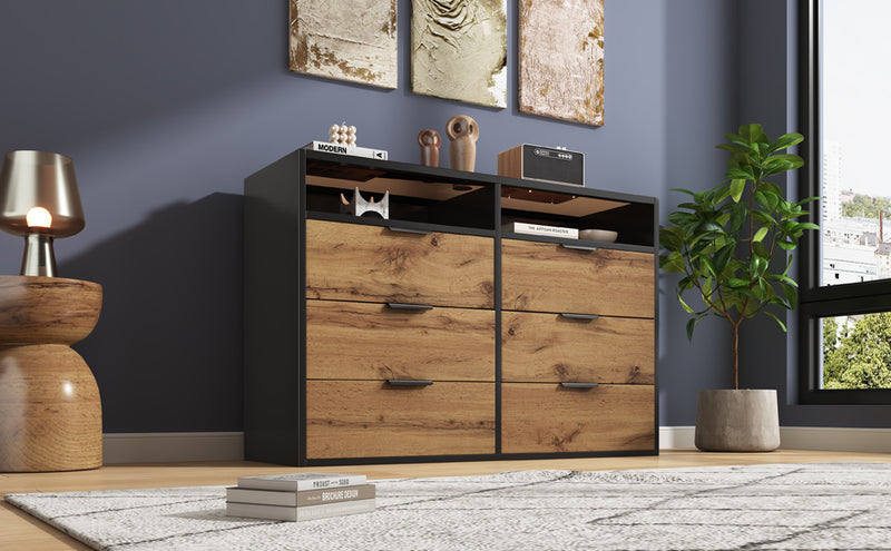 Commode / Buffet Moderne Chêne avec 6 Tiroirs et Surfaces Ouvertes, Plateau en Verre Trempé et Sécurité Anti-Basculement (120x40x80cm) STOKVANS