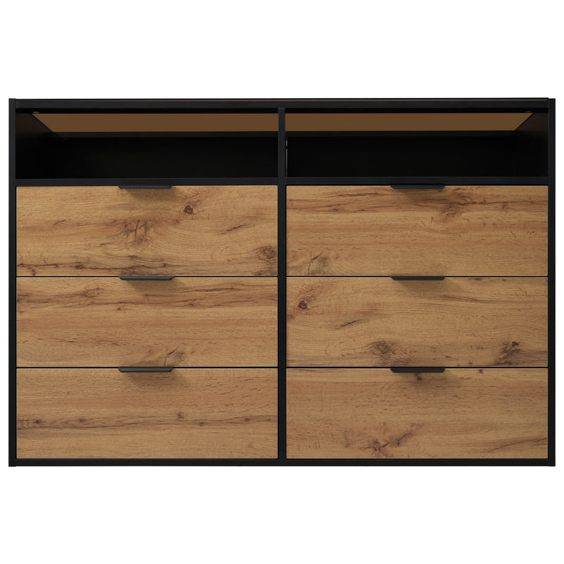 Commode / Buffet Moderne Chêne avec 6 Tiroirs et Surfaces Ouvertes, Plateau en Verre Trempé et Sécurité Anti-Basculement (120x40x80cm) STOKVANS