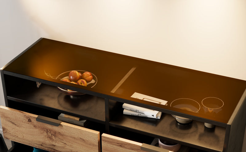 Commode / Buffet Moderne Chêne avec 6 Tiroirs et Surfaces Ouvertes, Plateau en Verre Trempé et Sécurité Anti-Basculement (120x40x80cm) STOKVANS