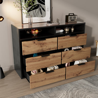 Commode / Buffet Moderne Chêne avec 6 Tiroirs et Surfaces Ouvertes, Plateau en Verre Trempé et Sécurité Anti-Basculement (120x40x80cm) STOKVANS