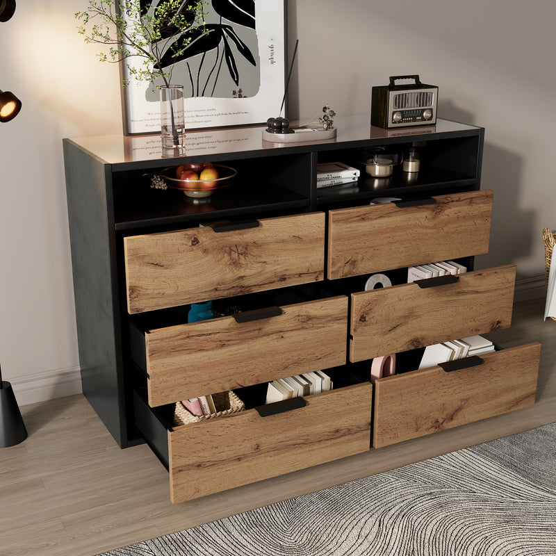 Commode / Buffet Moderne Chêne avec 6 Tiroirs et Surfaces Ouvertes, Plateau en Verre Trempé et Sécurité Anti-Basculement (120x40x80cm) STOKVANS