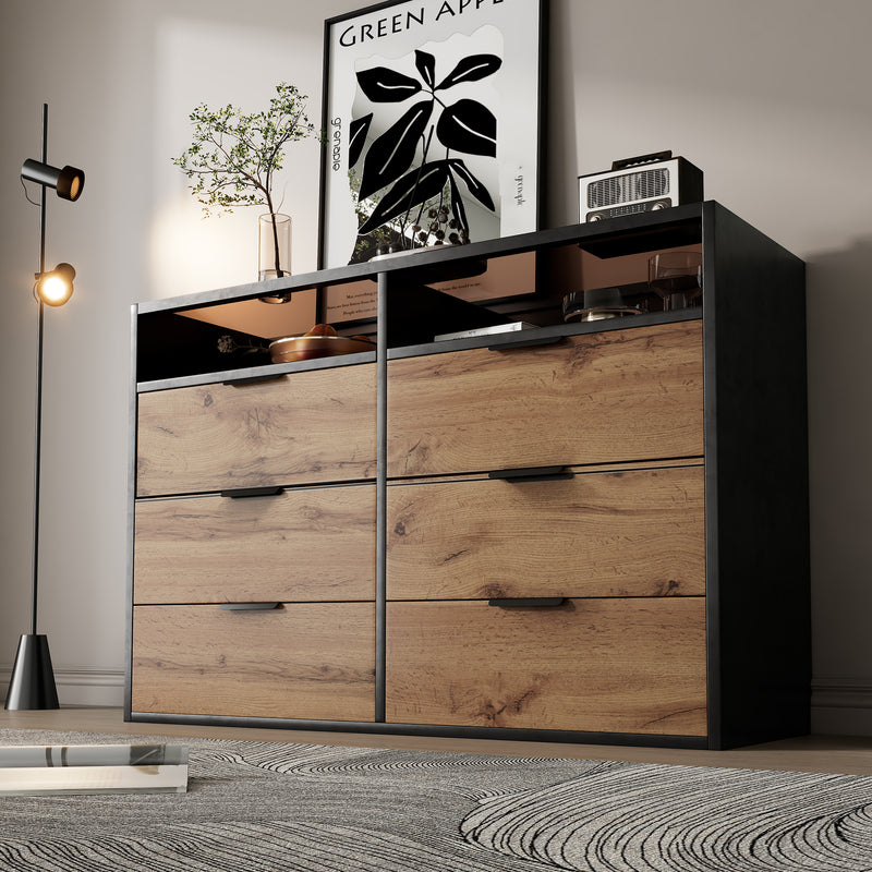 Commode / Buffet Moderne Chêne avec 6 Tiroirs et Surfaces Ouvertes, Plateau en Verre Trempé et Sécurité Anti-Basculement (120x40x80cm) STOKVANS