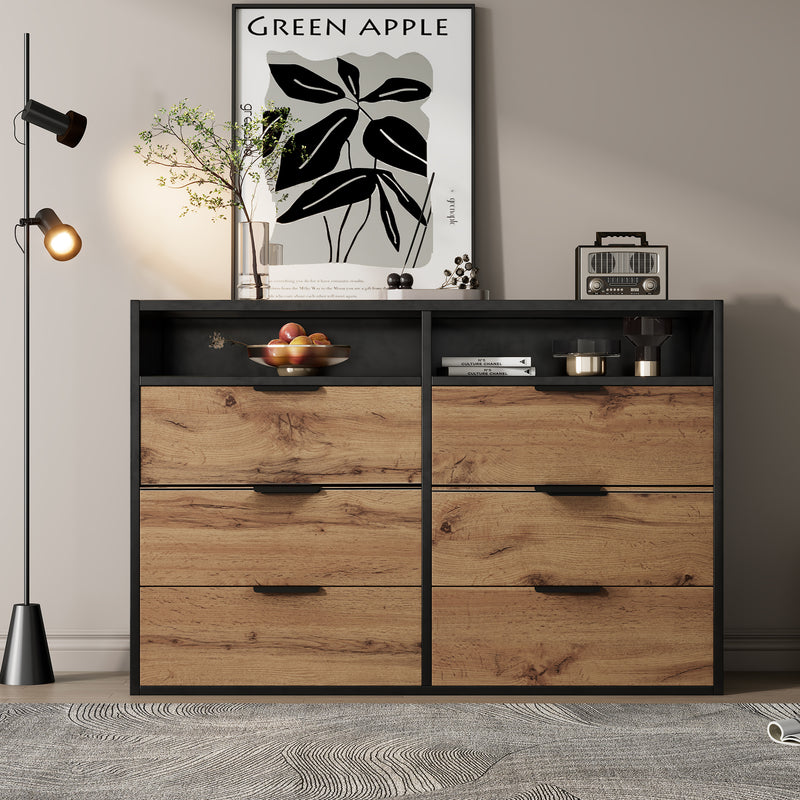 Commode / Buffet Moderne Chêne avec 6 Tiroirs et Surfaces Ouvertes, Plateau en Verre Trempé et Sécurité Anti-Basculement (120x40x80cm) STOKVANS
