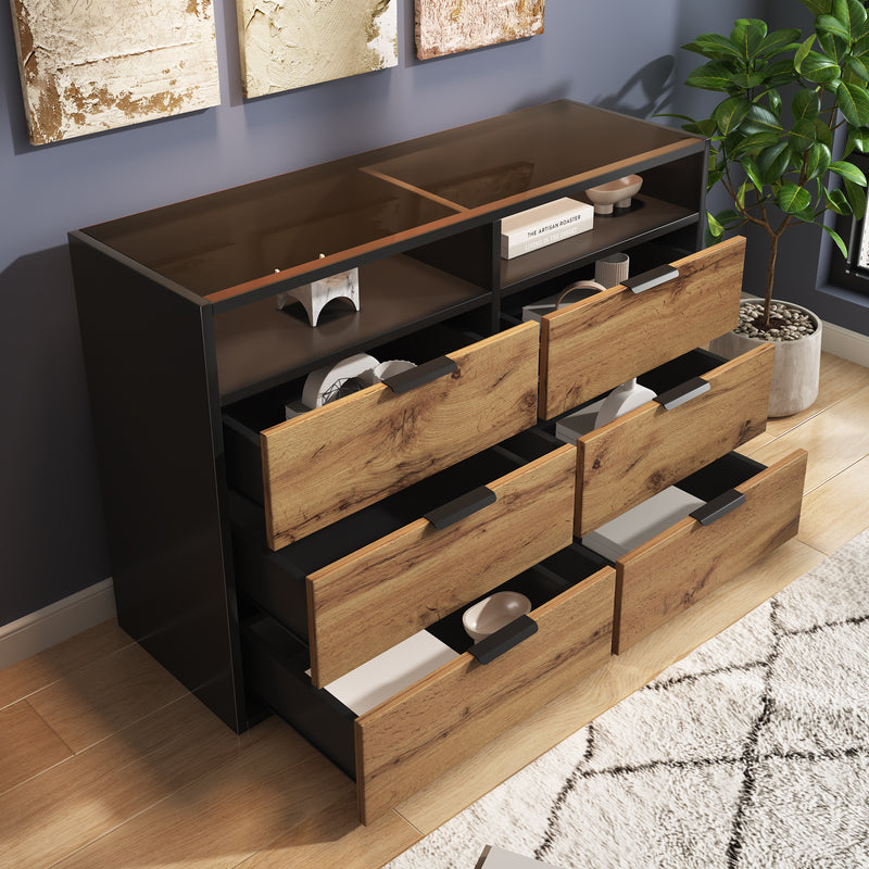 Commode / Buffet Moderne Chêne avec 6 Tiroirs et Surfaces Ouvertes, Plateau en Verre Trempé et Sécurité Anti-Basculement (120x40x80cm) STOKVANS