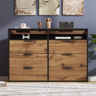 Commode / Buffet Moderne Chêne avec 6 Tiroirs et Surfaces Ouvertes, Plateau en Verre Trempé et Sécurité Anti-Basculement (120x40x80cm) STOKVANS