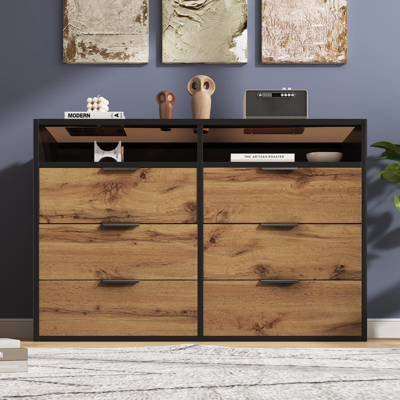 Commode / Buffet Moderne Chêne avec 6 Tiroirs et Surfaces Ouvertes, Plateau en Verre Trempé et Sécurité Anti-Basculement (120x40x80cm) STOKVANS