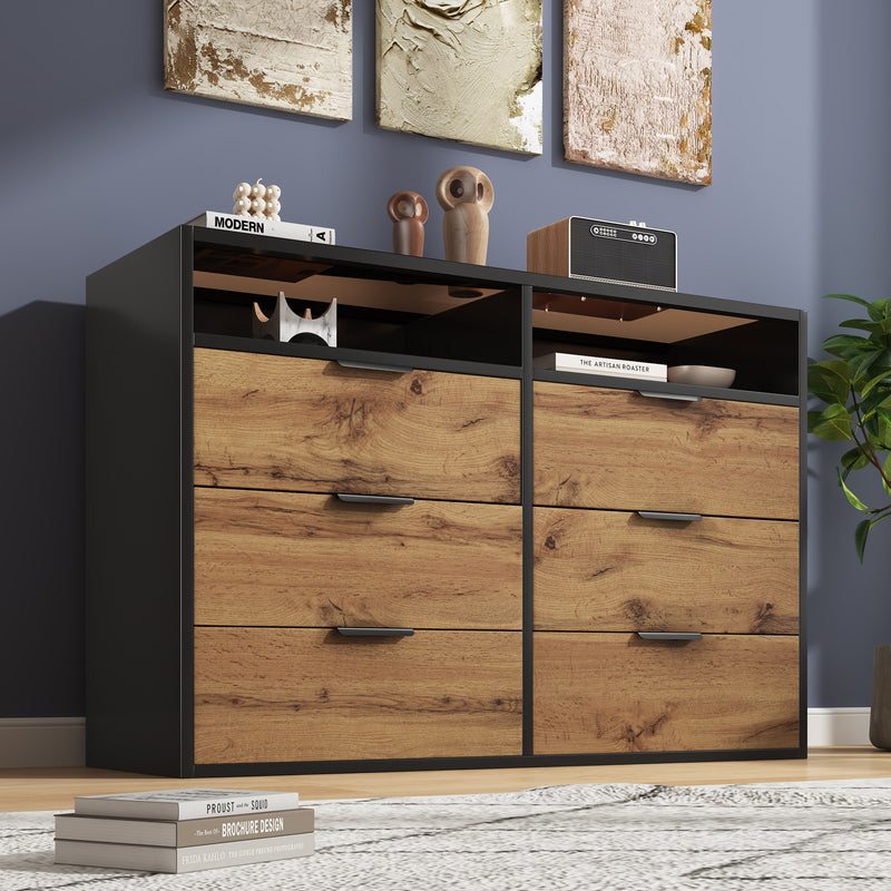 Commode / Buffet Moderne Chêne avec 6 Tiroirs et Surfaces Ouvertes, Plateau en Verre Trempé et Sécurité Anti-Basculement (120x40x80cm) STOKVANS
